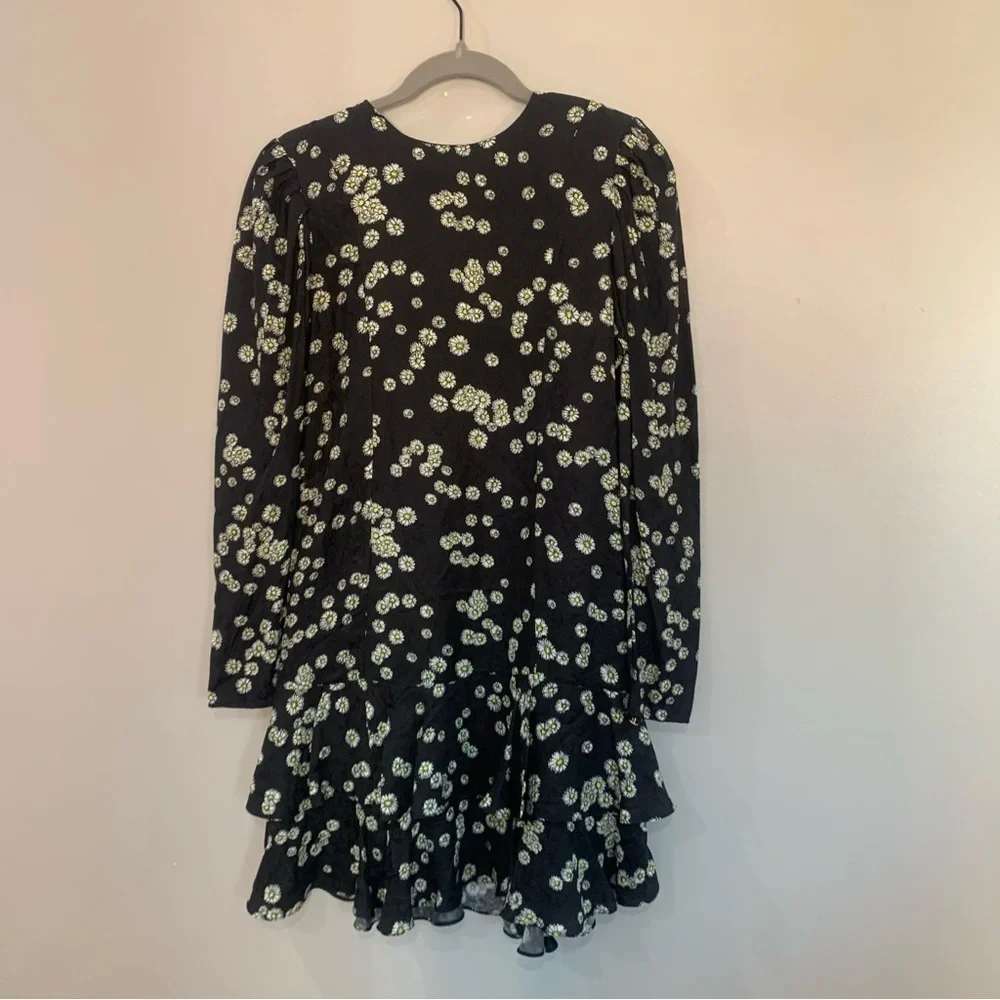 Brogger Dress Nancy Mini Ruffle Tiered Long Sleeve in Black Daisy Floral